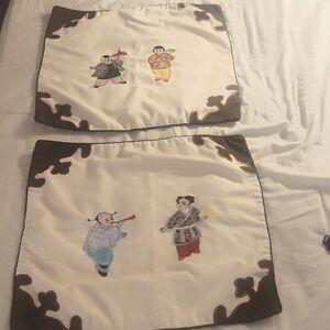 Set of Asian Embroidered Square Pillow Covers with Brown Accents